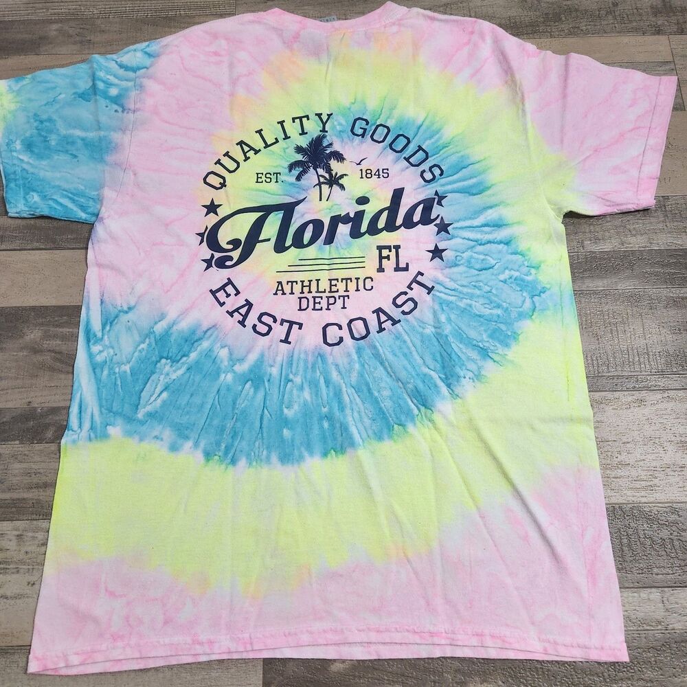 VTG Florida East Coast Tie Dye T Shirt Mens L Gildan Heavy Cotton Palm Tree